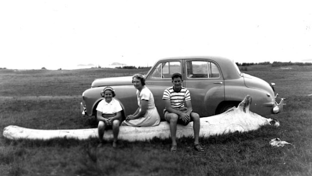 Malcolm Morgan, right, his sister Maree and mother Lorna on the whale bone seat at Long Beach in 1951.