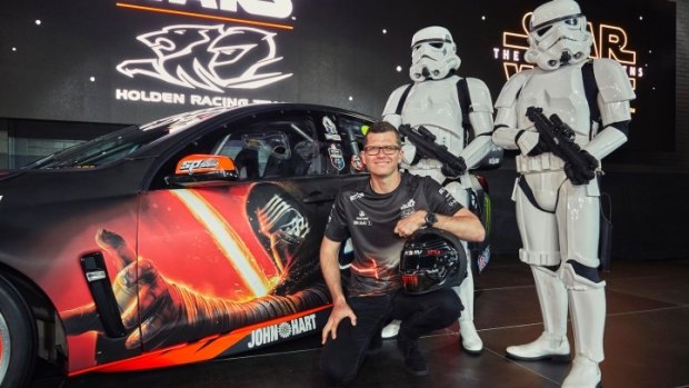 Well guarded: Garth Tander and a couple of stormtroopers at the launch of his new car on Monday.