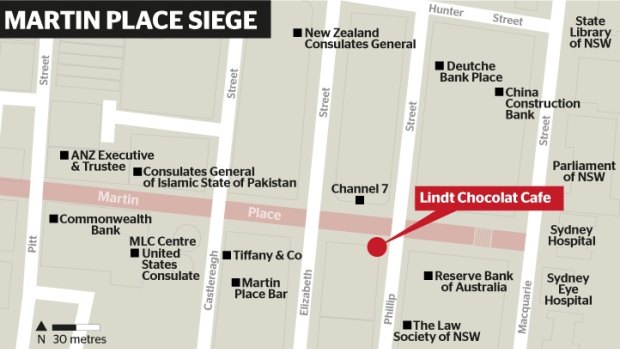 A map showing the siege location in Sydney's CBD, and some of the surrounding prominent buildings.