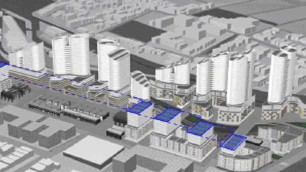 An artist impression of Mirvac's proposed $1.3 billion development along Carrington Road, Marrickville. 