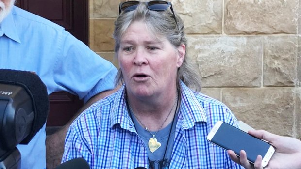 Lee Rimmer, the sister of Jane Rimmer, speaks to the media outside court on Wednesday.