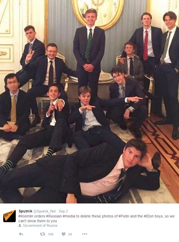 Online propaganda wins attention in a crowded information sphere. Unlikely as it may seem, this picture of Eton schoolboys in the Kremlin helps confer legitimacy on the Russian government.