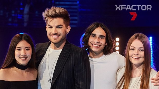 <i>X Factor Australia</i> 2016 finalists Natalie Ong, Isaiah Firebrace and Amalia Foy with judge Adam Lambert.