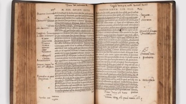 A manuscript of alchemist John Dee.  The margins are filled with doodles and scribblings.
