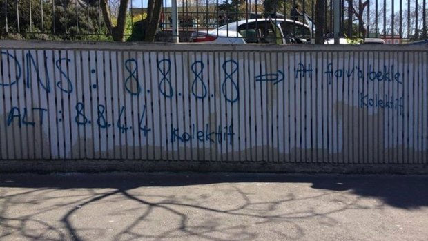 Turkey residents graffitied 8.8.8.8 on many things.
