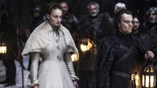 Sansa Stark (Sophie Turner) and Theon Greyjoy (Alfie Allen).