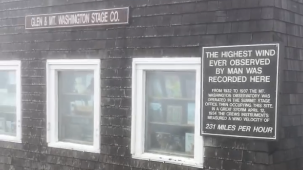 The highest wind ever observed by man was recorded here at the Mt Washington Observatory during a great storm on April 12, 1934. The wind velocity recorded was 231 miles per hour.