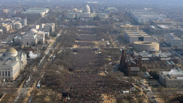 Massive crowds fill the national mall at Barack Obama's first inauguration in 2008.