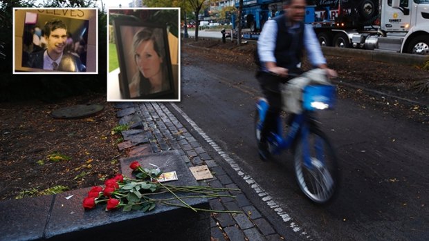 Victims Nicholas Cleves and Anne-Laure Decadt (inset) were remembered as the New York bike path reopened on Friday.