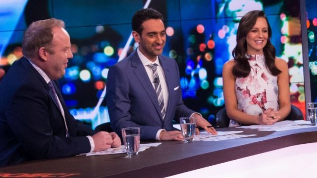 Pete Helliar, Waleed Aly and Carrie Bickmore line up for The Project.