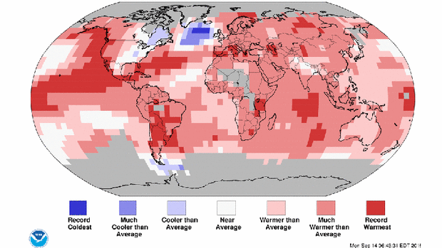 Land and ocean temperature percentiles from January to August 2015.