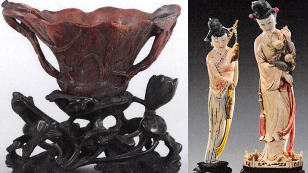 A rhinoceros horn libation cup and elephant ivory figurines bought by Graham Chen at auction houses in the US and smuggled to Hong Kong.