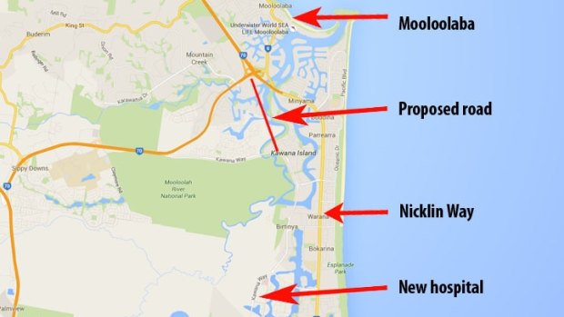 A proposed road would take traffic on a western route to the new Sunshine Coast University Public Hospital, easing the load on the congested Nicklin Way.