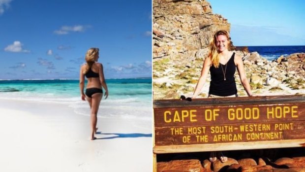 Cassie De Pecol on the beach in Tonga, and at the Cape of Good Hope, South Africa.