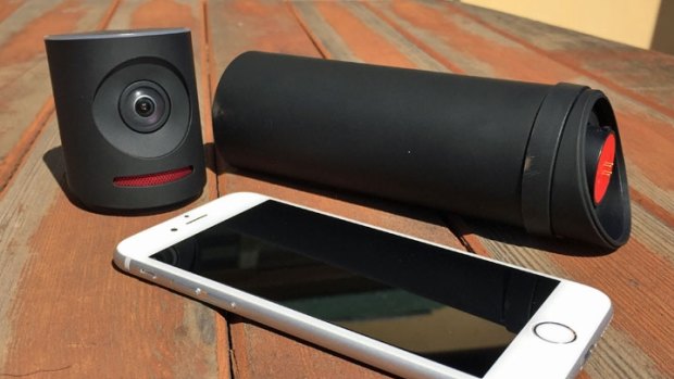 The Mevo live streaming camera makes it easy to broadcast on Facebook, with the Boost battery pack on the right.