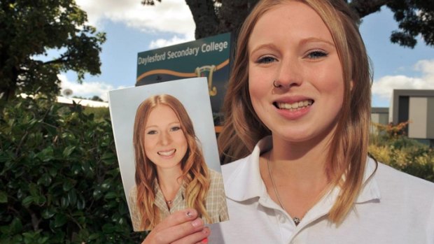 Daylesford Secondary School student Jacki Lipplegoes with her school photo that appears to have have been digitally altered in Photoshop.