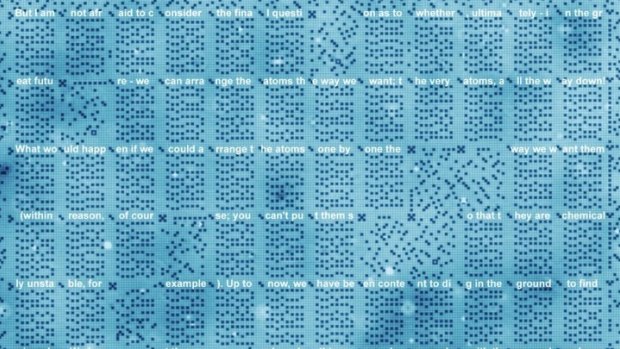 An excerpt from Richard Feynman's lecture 'There's plenty of room at the bottom' published on a 96 nanometre wide grid of chlorine atoms at Delft University.