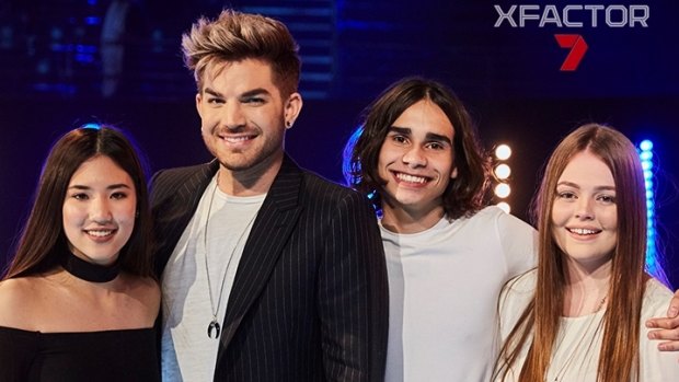 <i>X Factor Australia</i> 2016 finalists Natalie Ong, Isaiah Firebrace and Amalia Foy with judge Adam Lambert.