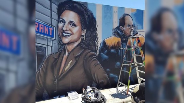 Perth mural artist and illustrator Paul Deej is painting this huge work of Seinfeld in Mount Lawley.