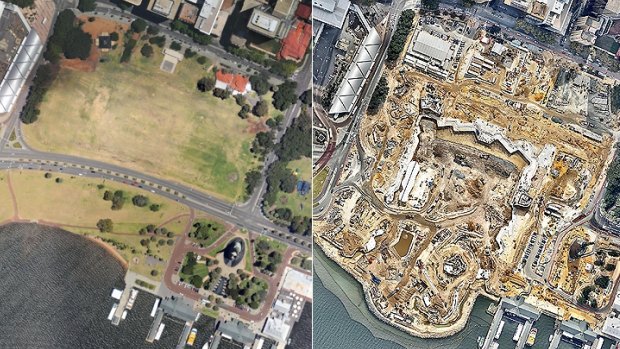 The Perth city foreshore in December 2011 (left) - and how it looked in April 2015, with construction of Elizabeth Quay well and truly underway.
