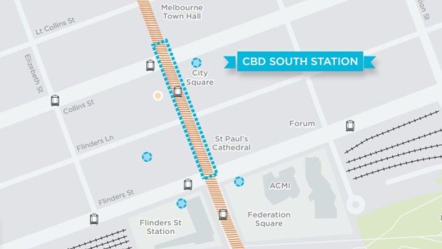 A Melbourne Metro Rail map of the CBD South station affecting Brunetti and the City Square.