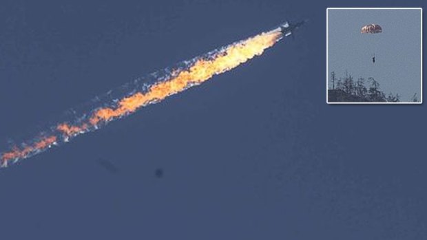 The Russian Su-24 crashes after being shot down by Turkish F-16s. Inset, a Russian pilot bails out near the Turkey-Syria border.