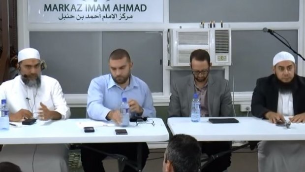 A panel session at Liverpool's MIA mosque featuring Sheikh Abu Adnan (left) and police officer Danny Miqati (second from left) that attracted the ire of Abu Haleema.