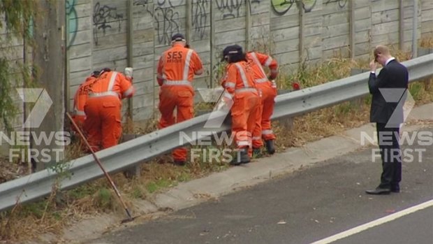 Police search the Frankston Freeway on Friday.