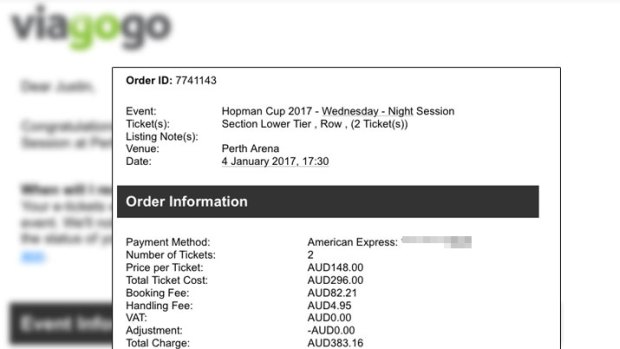 A tennis fan was charged almost $42 in booking fees for each ticket for the Hopman Cup by Viagogo.