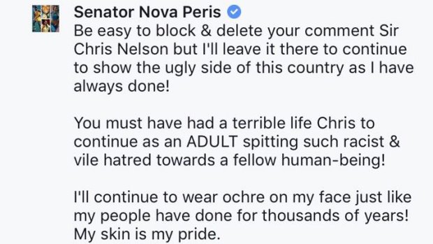 Ms Peris posted a response to the comment on her Facebook page.
