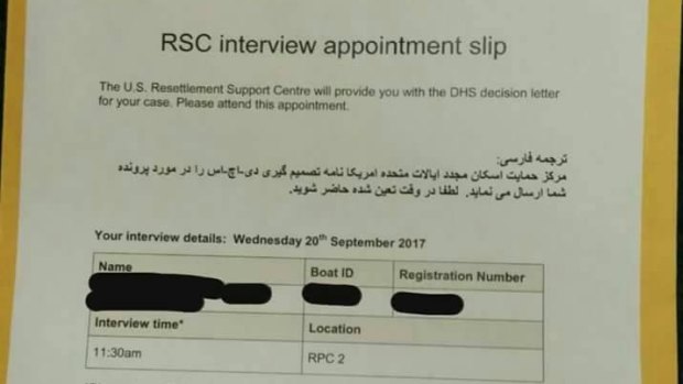 An appointment slip handed to a refugee on Manus Island on Tuesday.