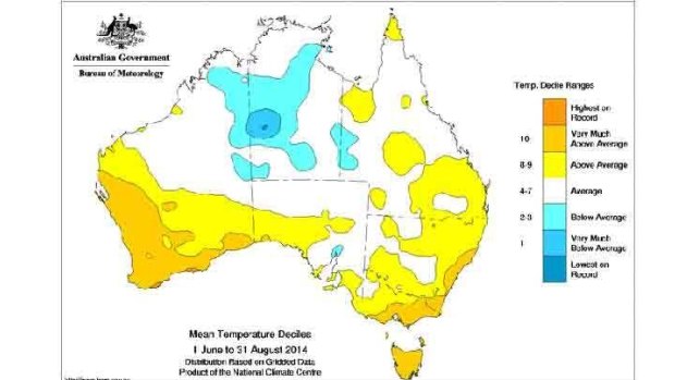 Well-above average mean winter temperatures for southern fringe of Australia.