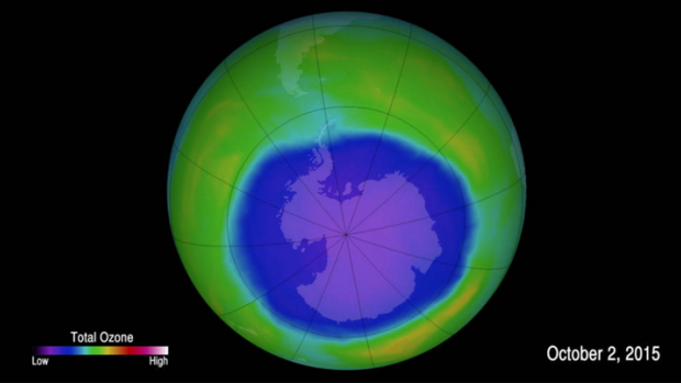 Ozone concentrations over Antarctica on October 2, 2015, are seen in a false-colour image.