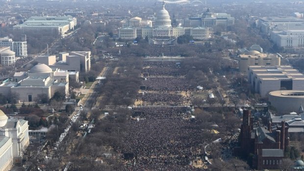 A view of the crowd on the National Mall at the inauguration of President Barack Obama from the top of the Washington Monument, shot shortly before noon on January 20, 2009.  