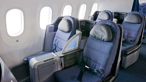 Business class seats on the United Airlines 787 Dreamliner.