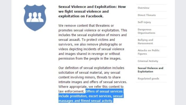 Facebook's community standards says it forbids users from offering sexual services.