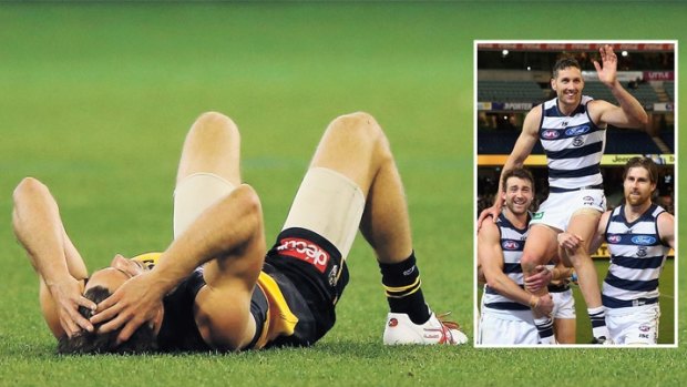 Agony and ecstasy: Tiger Alex Rance feels the pain after loss, as Cats' 200-gamer Harry Taylor gets post-match honours.