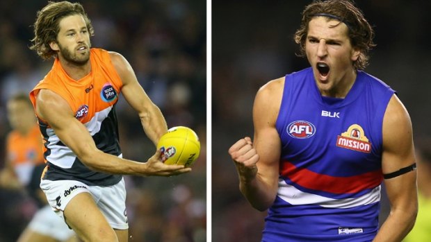 GWS Giants' Callan Ward, left, and the Bulldogs' Marcus Bontempelli are making their marks.
