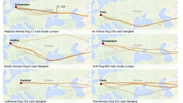 A graphic from Der Spiegel showing that Malaysia Airlines was not alone in flying over the trouble zone.