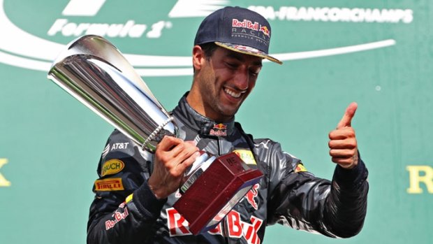 Runner-up: Daniel Ricciardo celebrates on the podium after the Belgium GP.