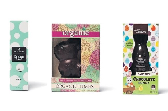 From left: Treat Dreams Cream Eggs; Sweet William Chocolate Bunny; Organic Times Small Easter Rabbit; Koko Black Quinoa and Goji Berry Dark Chocolate Egg.