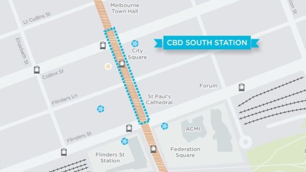 A Melbourne Metro Rail map of the CBD South station affecting Brunetti and the City Square.