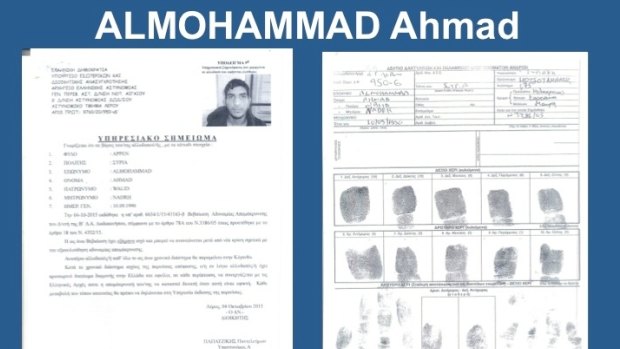 A photo released in November 2015 by Greece's migration ministry shows a document issued to 25-year old Ahmad Almohammad, holder of a Syrian passport, found near a dead assailant at the scene of the Paris terror attacks that month.