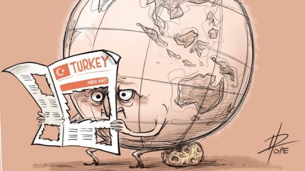 This cartoon by David Pope published on the front page of the Turkish national daily paper Cumhuriyet comments on the Turkish regime's efforts to censor and punish media coverage critical of the government.