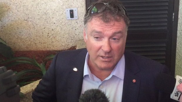 Rodney Culleton addresses the media during a lunch break at court.