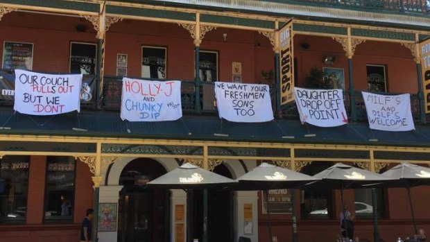 Some of the offensive banners which have forced the Brass Monkey Hotel into issuing an apology. 