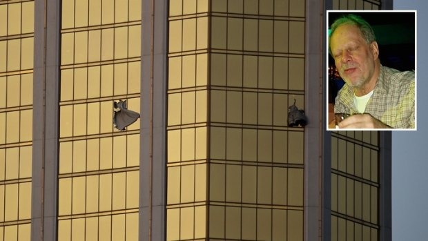 Stephen Paddock (inset) used a hammer to smash the window of his room in the Mandalay Bay Resort and Casino.