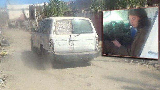 A television screenshot of one of the cars reportedly involved in a suicide bombing and (inset) a youth who bears a strong resemblance to Melbourne teen Jake Bilardi.