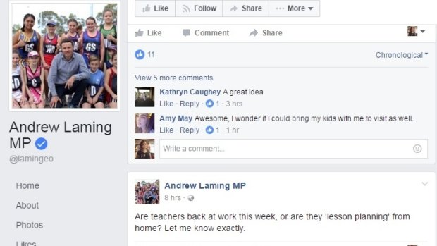 A screenshot of Andrew Laming's post asking if teachers had returned to work yet.