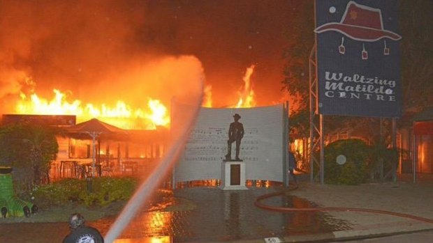 Fire takes hold of Winton's Waltzing Matilda Centre earlier this year.